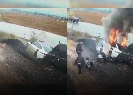 DRAMÁTICA ESCENA: Hombre sufre accidente y saca a tres pasajeros de un coche en llamas (VIDEO)